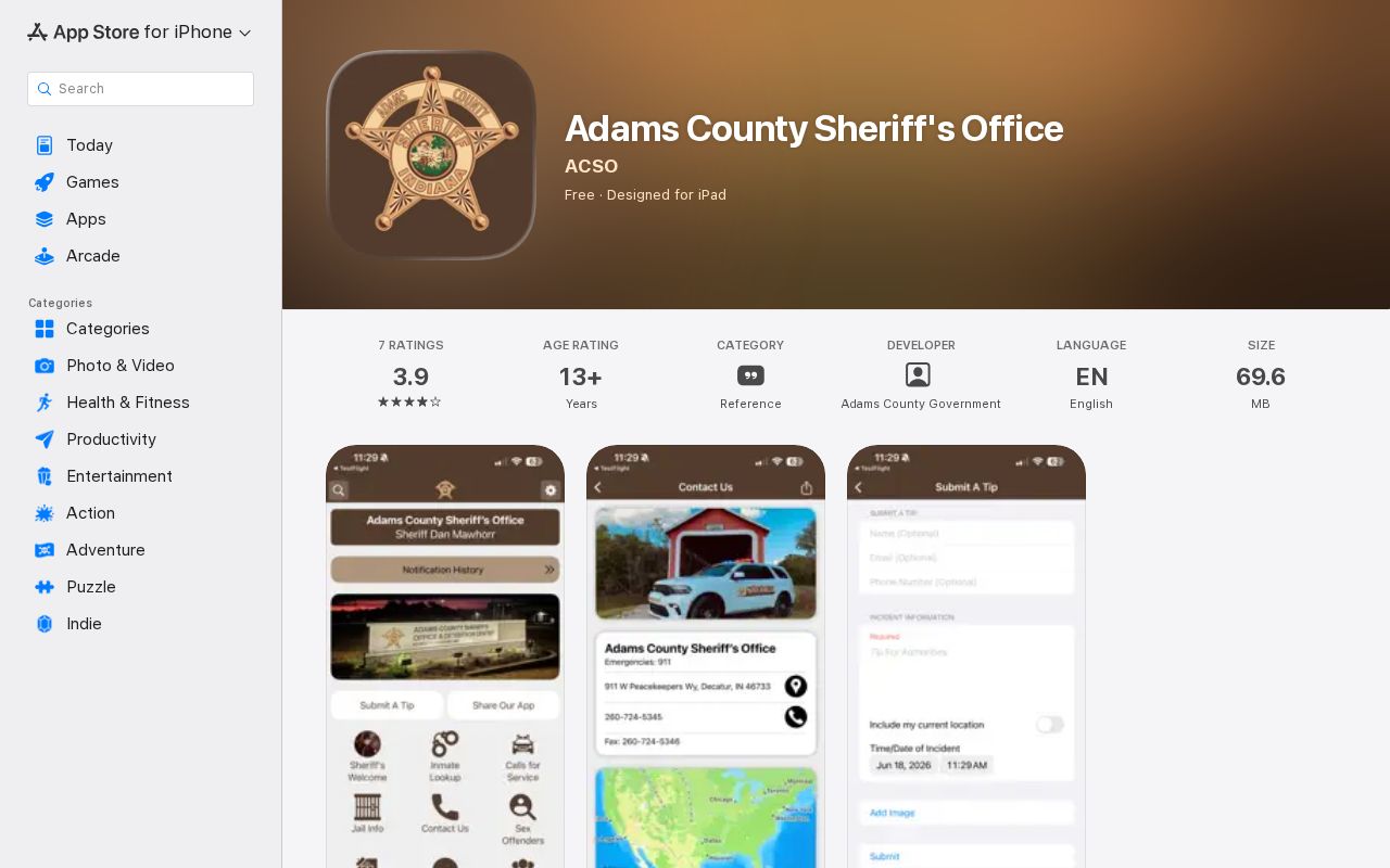 Adams County Sheriff's Office app public safety listing
