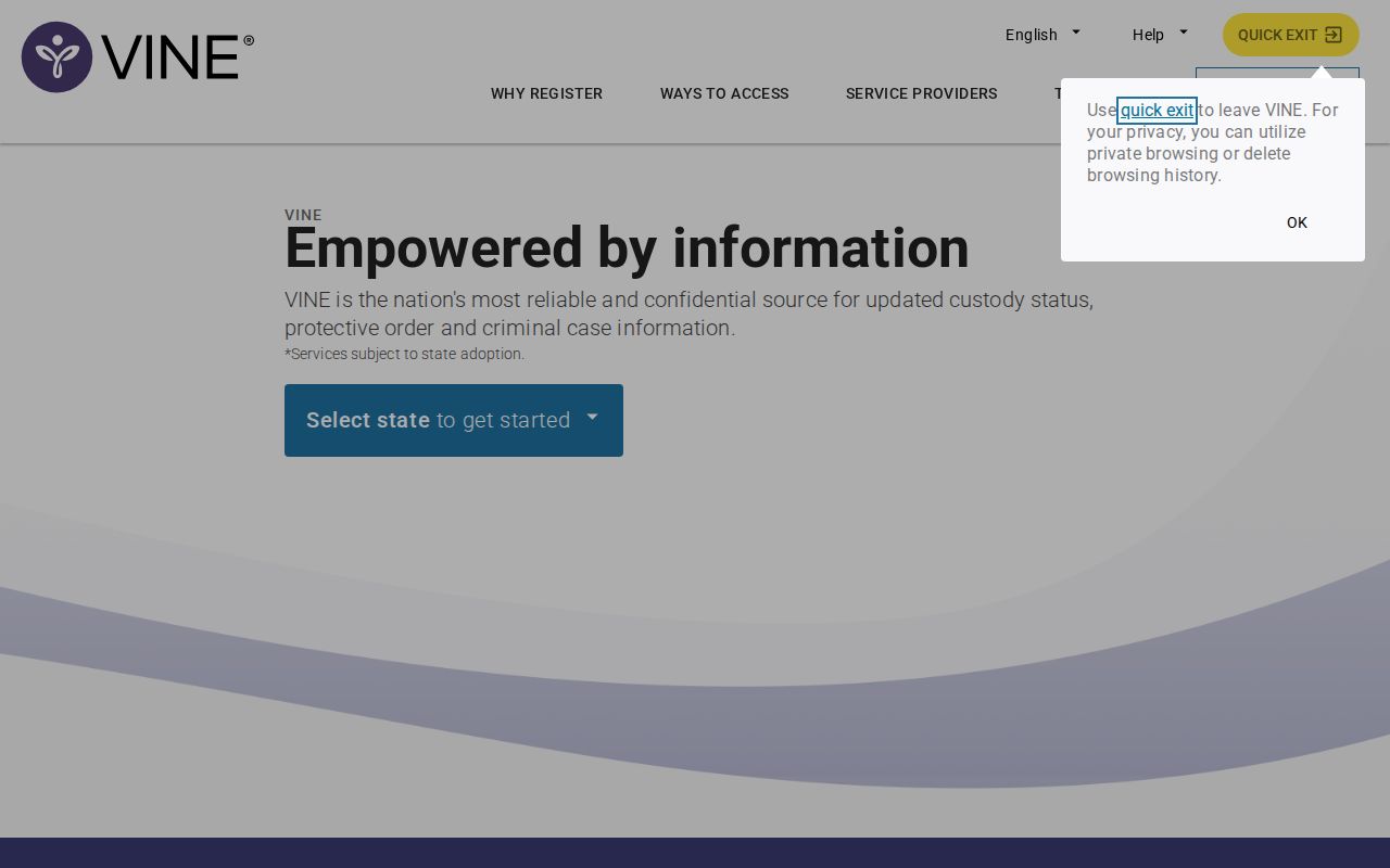 VINELink alert registration fields for Adams County custody tracking