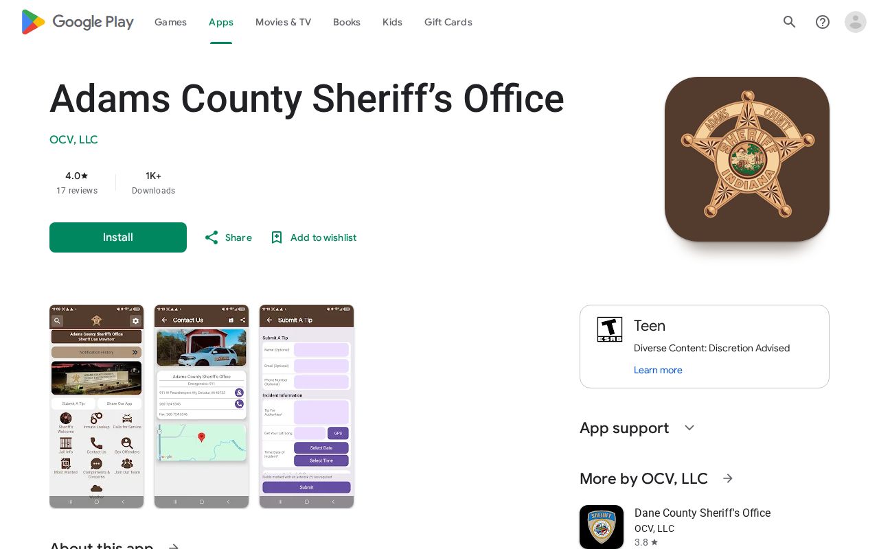 Adams County Sheriff's Office Android app description showing its public-safety purpose