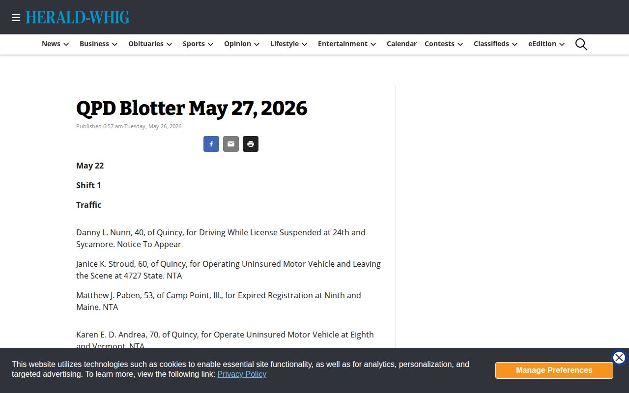 Quincy Herald-Whig dated QPD blotter with shift sections and record fields