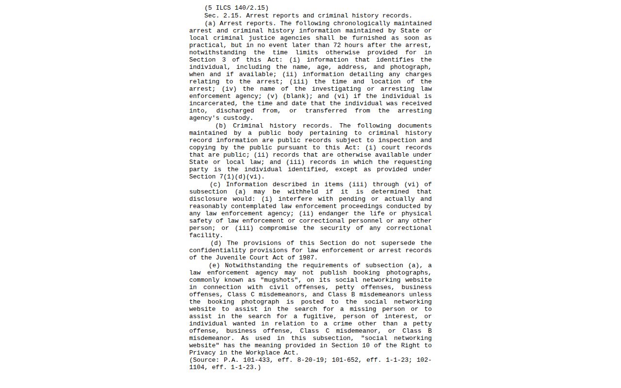 Illinois statute page describing arrest information and photograph availability
