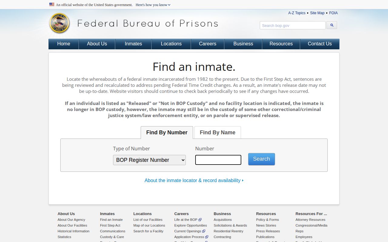 Federal Bureau of Prisons locator with name and identification-number search fields